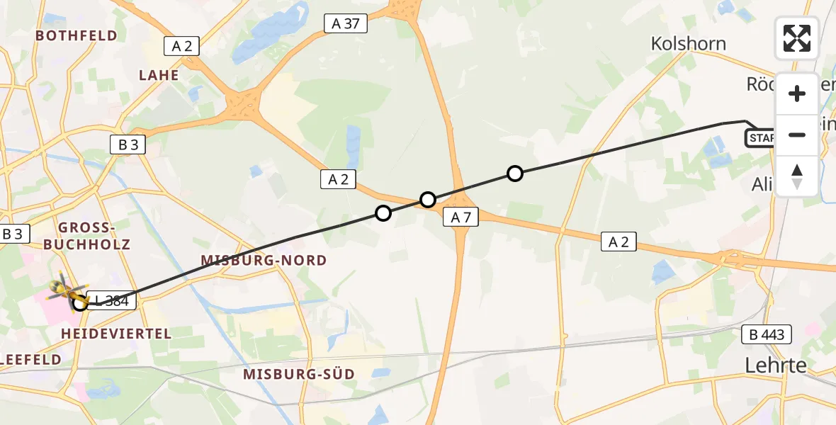 Flugroute Rettungshubschrauber Lehrte - Hannover Luftrettung Hubschrauberlandeplatz (Christoph 4), 23 April 2026, 08:07