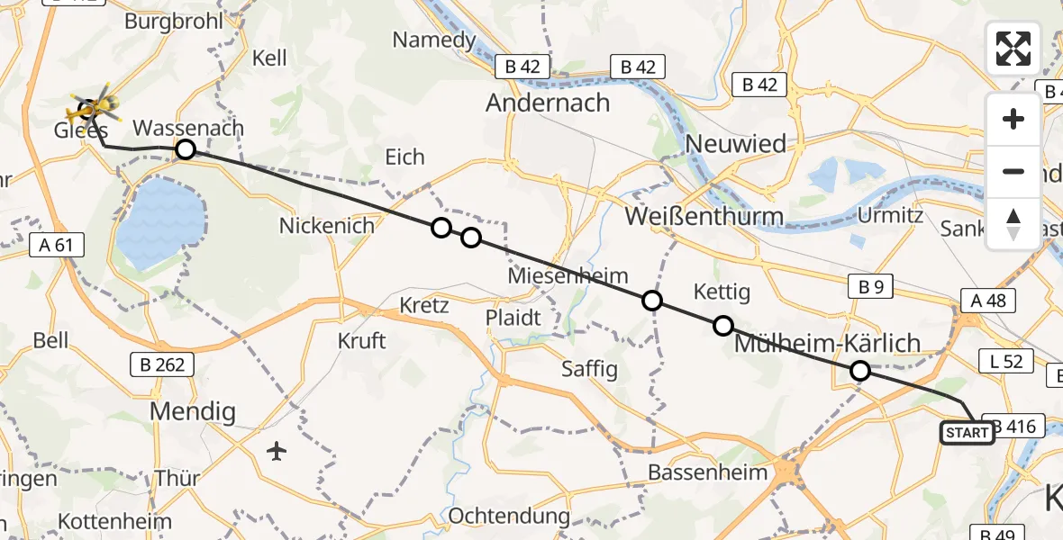 Flugroute Rettungshubschrauber Koblenz - Glees, 23 April 2026, 08:12