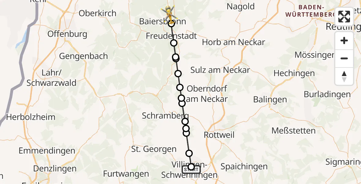 Flugroute Rettungshubschrauber DRF Air Rescue Station Villingen-Schwenningen Hubschrauberlandeplatz (Christoph 11) - Baiersbronn, 23 April 2026, 08:19