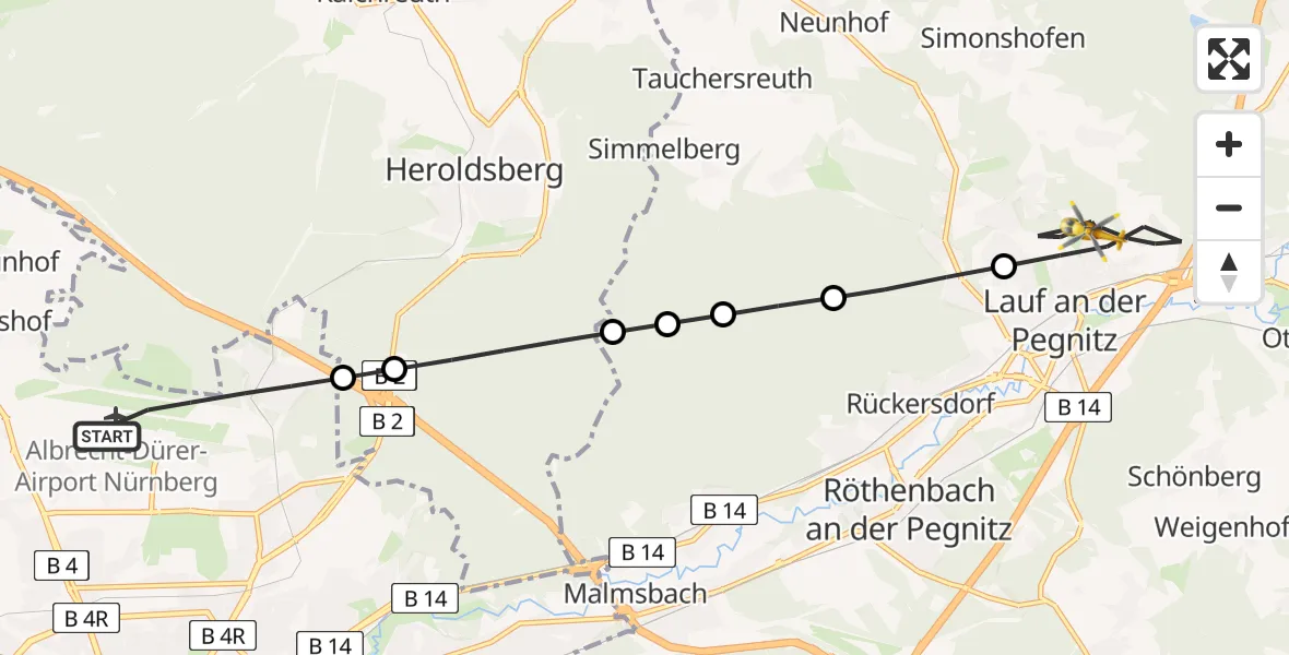 Flugroute Rettungshubschrauber Flughafen Nuremberg - Lauf a.d.Pegnitz, 23 April 2026, 08:27