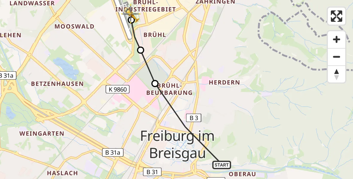 Flugroute Rettungshubschrauber Freiburg im Breisgau - Freiburg im Breisgau Flugplatz, 23 April 2026, 08:27