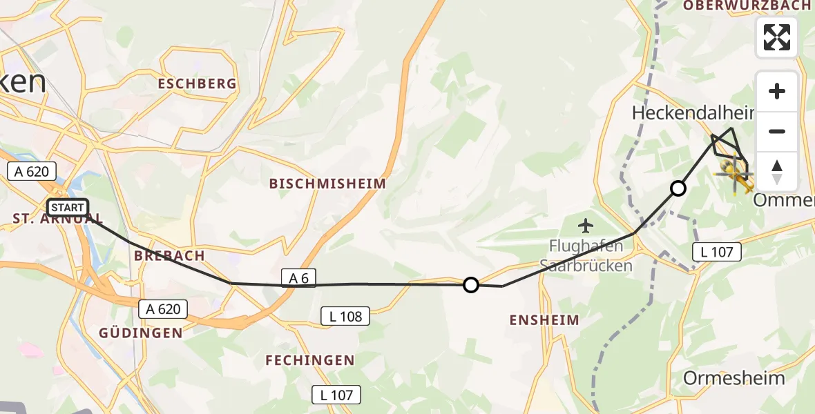 Flugroute Rettungshubschrauber Saarbrücken - Mandelbachtal, 23 April 2026, 08:30