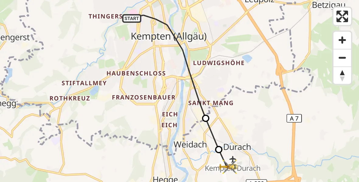 Flugroute Rettungshubschrauber Kempten (Allgäu) - Kempten-Durach Flugplatz, 23 April 2026, 08:43