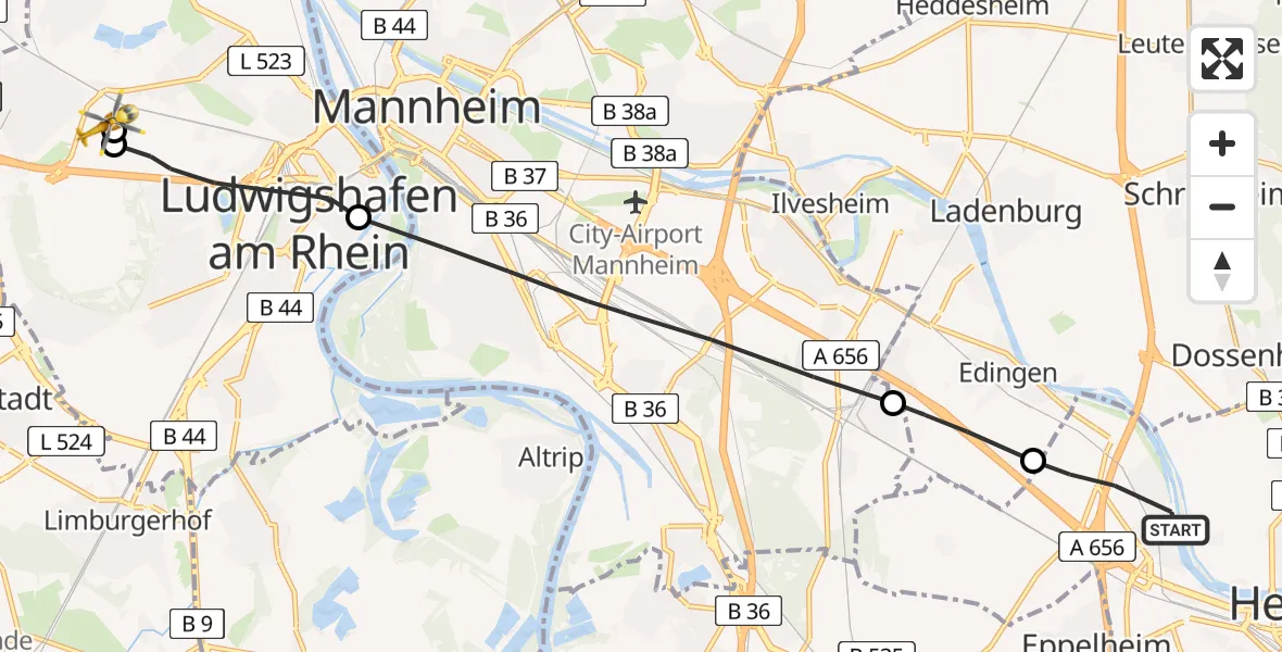 Flugroute Rettungshubschrauber Heidelberg - Ludwigshafen Accident Hospital, 23 April 2026, 08:54