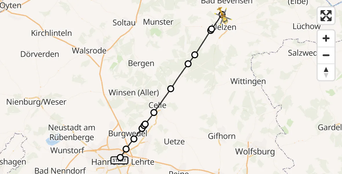 Flugroute Rettungshubschrauber Hannover Luftrettung Hubschrauberlandeplatz (Christoph 4) - Uelzen, 23 April 2026, 08:56