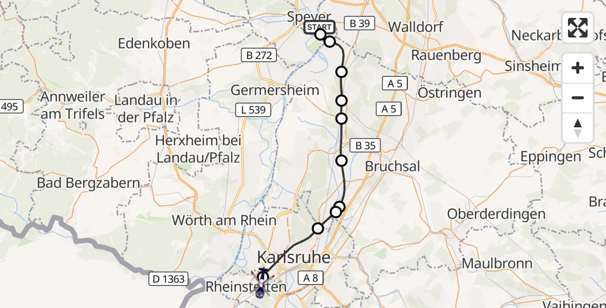 Flugroute Polizeihubschrauber Speyer Flugplatz - Rheinstetten Gleiter Flugfeld, 23 April 2026, 09:00