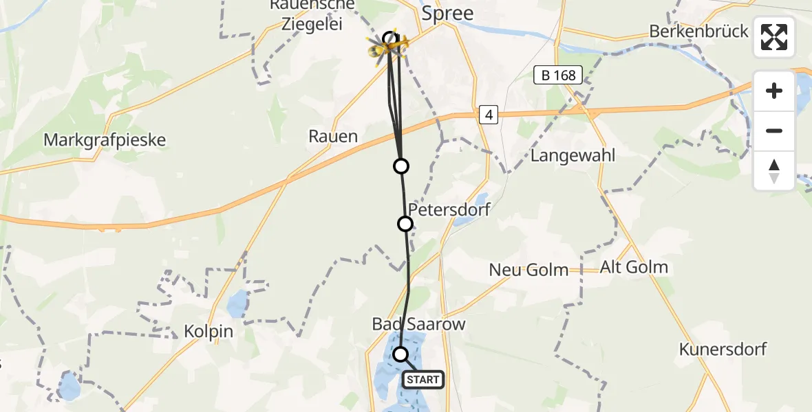 Flugroute Rettungshubschrauber Bad Saarow Hospital - Rauen, 23 April 2026, 09:01