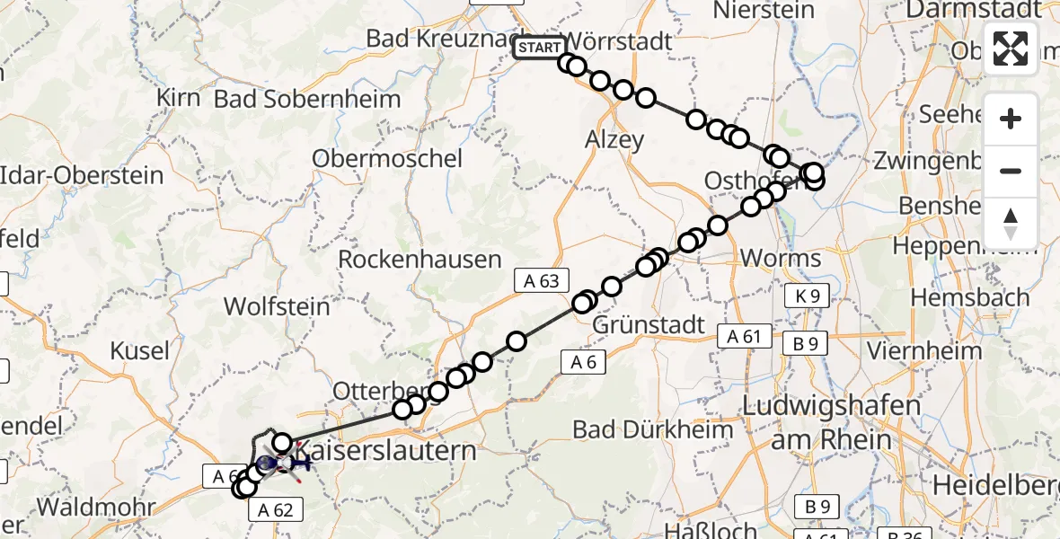 Flugroute Polizeihubschrauber Gau-Bickelheim - Ramstein-Miesenbach, 23 April 2026, 09:09
