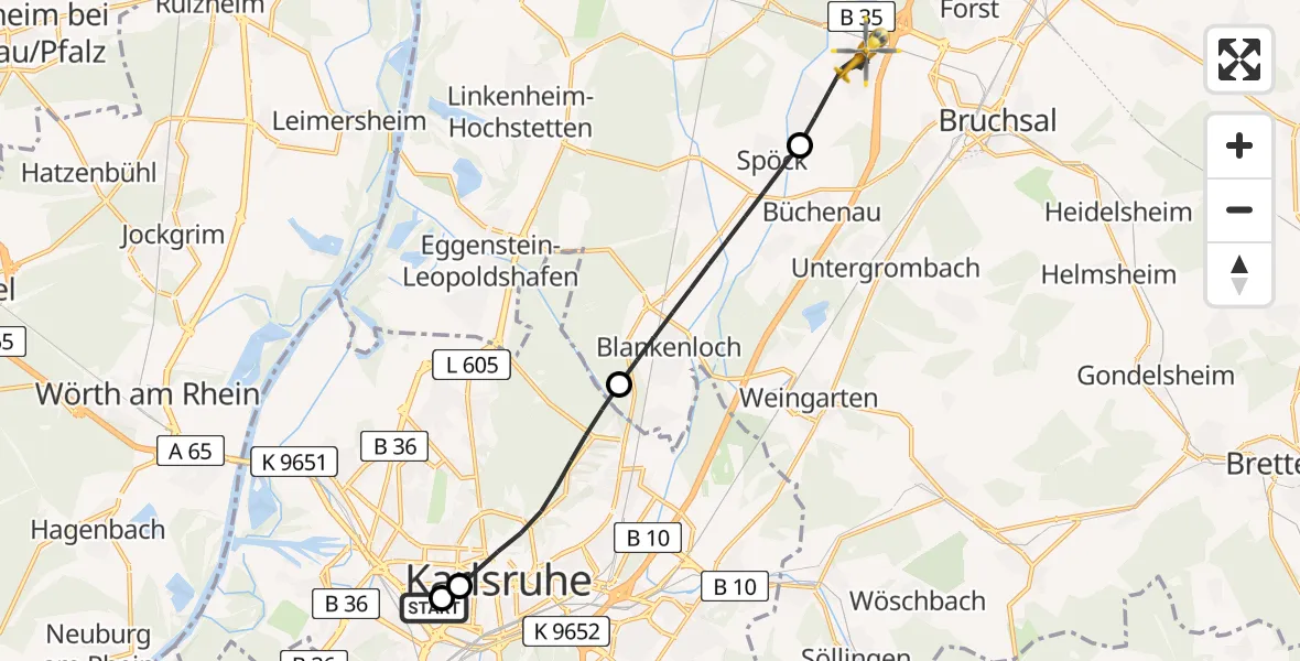 Flugroute Rettungshubschrauber Sankt Vincentius Hospital - Karlsdorf-Neuthard, 23 April 2026, 09:13