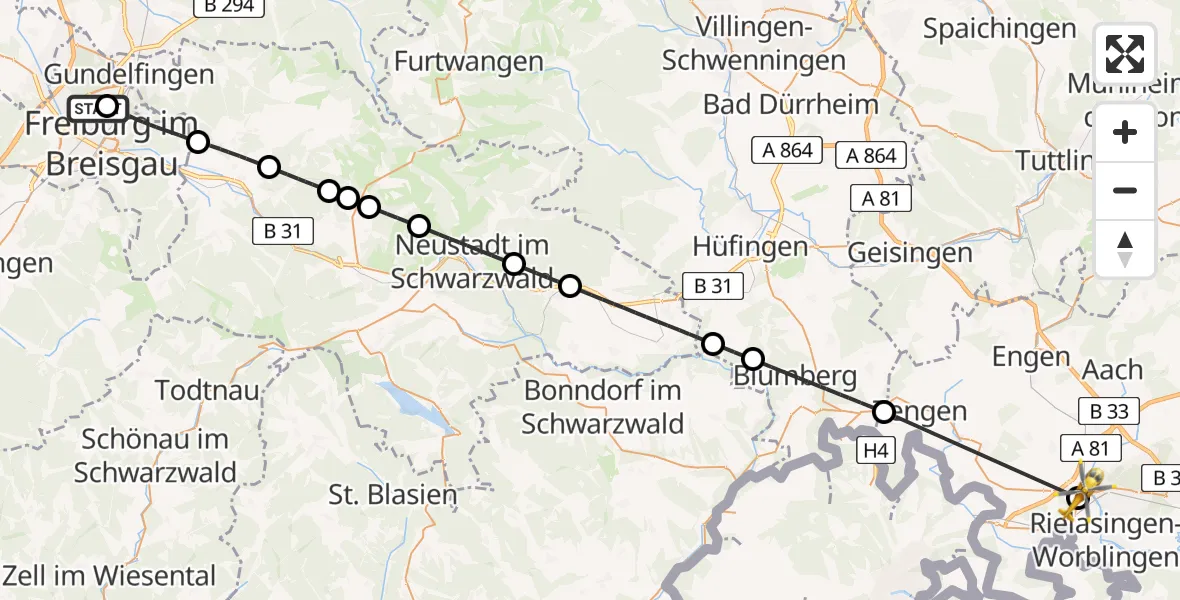 Flugroute Rettungshubschrauber Freiburg im Breisgau Flugplatz - Singen (Hohentwiel), 23 April 2026, 09:15