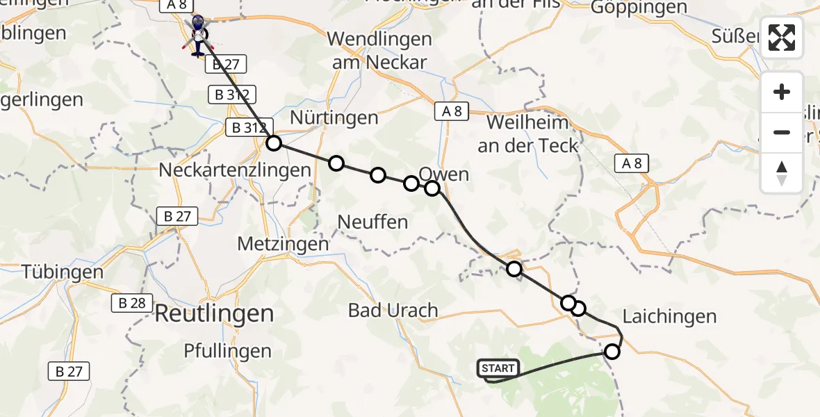 Flugroute Polizeihubschrauber Gutsbezirk Münsingen - Flughafen Stuttgart, 23 April 2026, 09:17