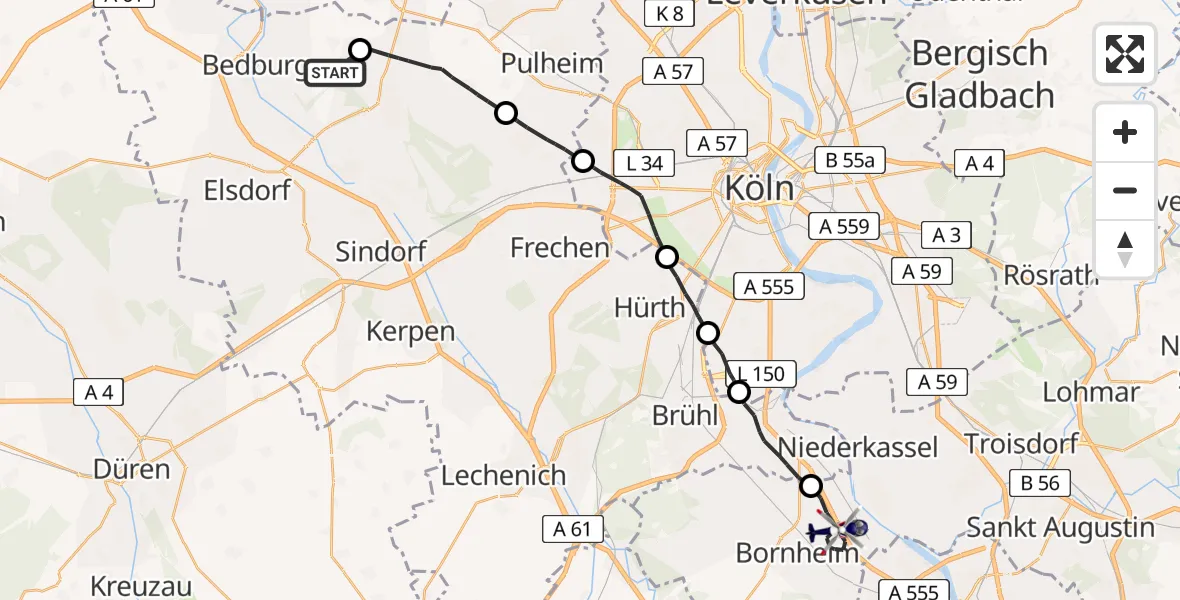 Flugroute Polizeihubschrauber Bedburg - Bornheim, 23 April 2026, 09:17