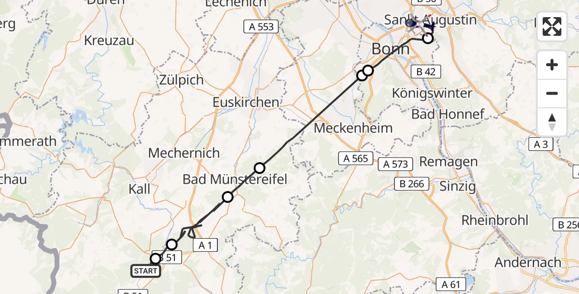 Flugroute Polizeihubschrauber Dahlem - Bonn-Hangelar Flugplatz, 23 April 2026, 09:22