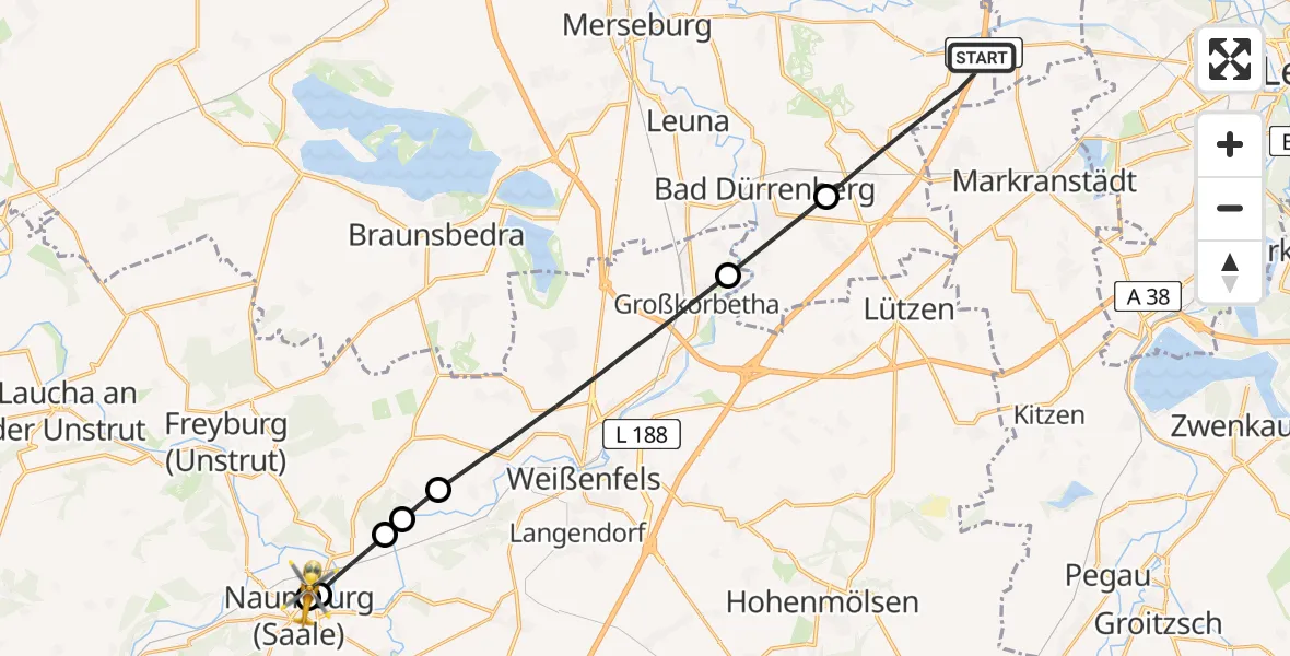 Flugroute Rettungshubschrauber Leuna - Naumburg Hospital, 23 April 2026, 09:23