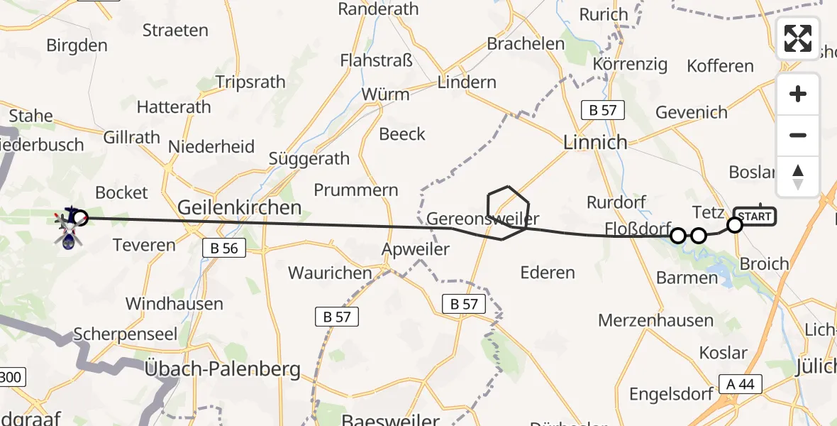 Flugroute Polizeihubschrauber Linnich-Boslar Ultraleichtflugplatz - Militärflugplatz Geilenkirchen, 23 April 2026, 09:28