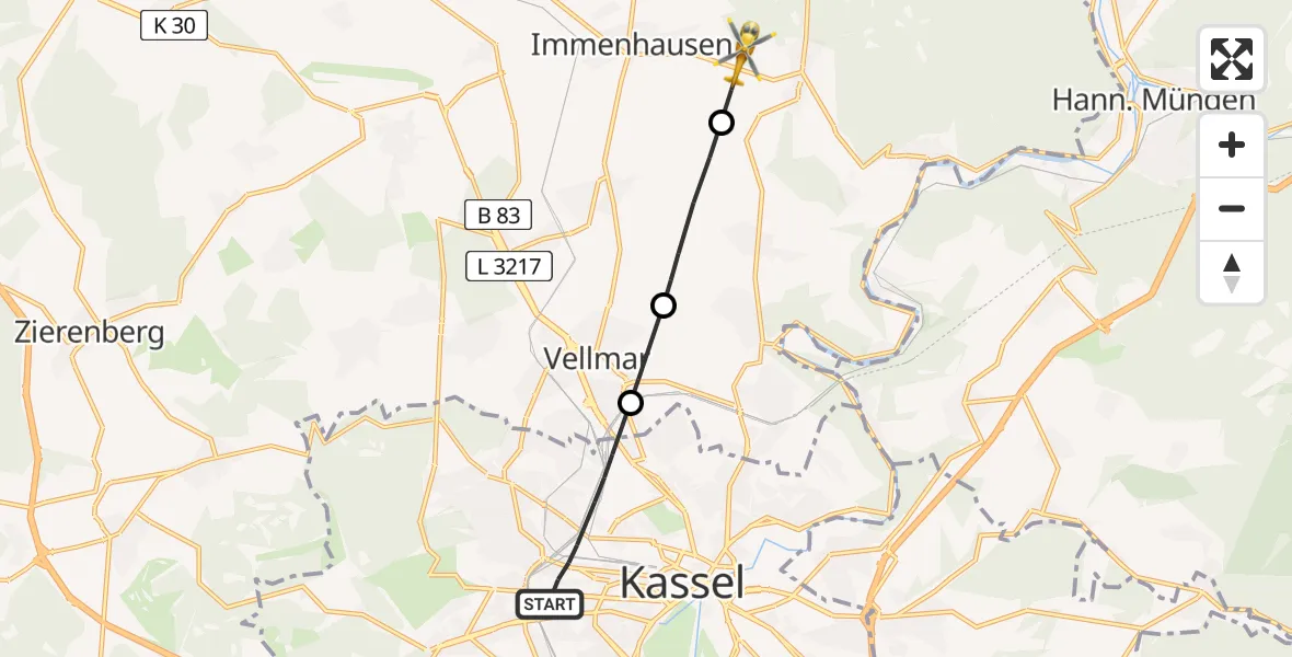 Flugroute Rettungshubschrauber Kassel - Immenhausen, 23 April 2026, 09:31