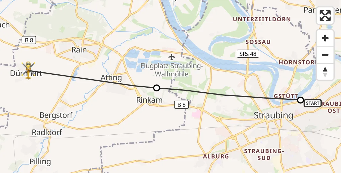 Flugroute Rettungshubschrauber Sankt Elisabeth Hospital Straubing - Rain, 23 April 2026, 09:40