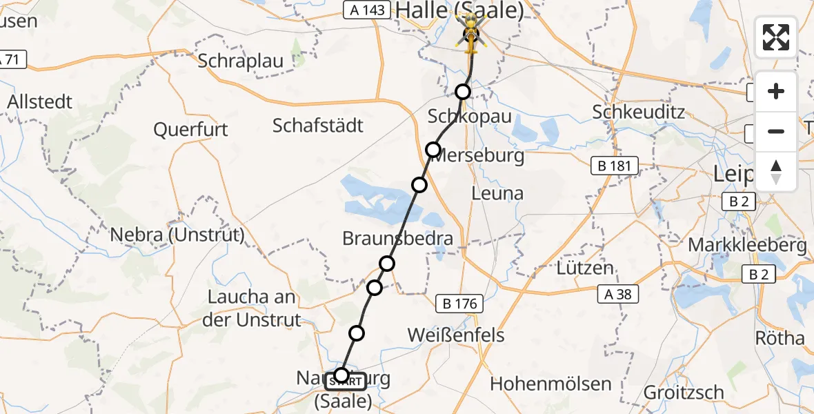 Flugroute Rettungshubschrauber Naumburg Hospital - BG Hospital Bergmannstrost Halle, 23 April 2026, 09:56