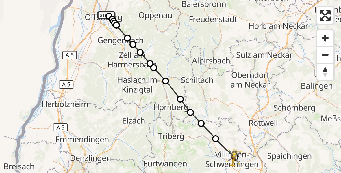 Flugroute Rettungshubschrauber Offenburg - DRF Air Rescue Station Villingen-Schwenningen Hubschrauberlandeplatz (Christoph 11), 23 April 2026, 10:02