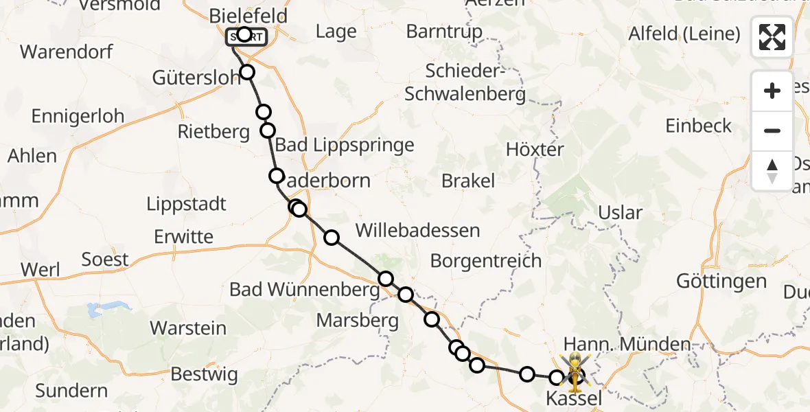 Flugroute Rettungshubschrauber Luftrettungszentrum Bielefeld - Fuldatal Bundespolizei Hubschrauberlandeplatz, 23 April 2026, 10:03