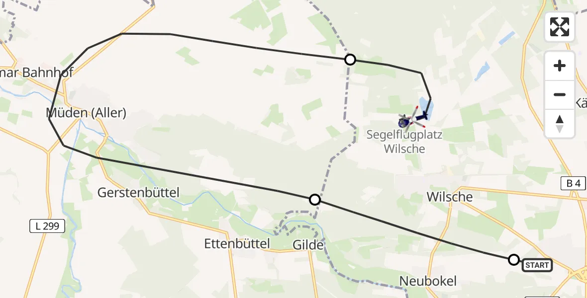 Flugroute Polizeihubschrauber Gifhorn Bundespolizei Hubschrauberlandeplatz - Wilsche Segelflugfeld, 23 April 2026, 10:03