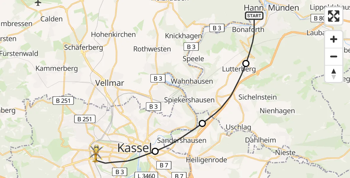 Flugroute Rettungshubschrauber Hann.Münden - Kassel, 23 April 2026, 10:07