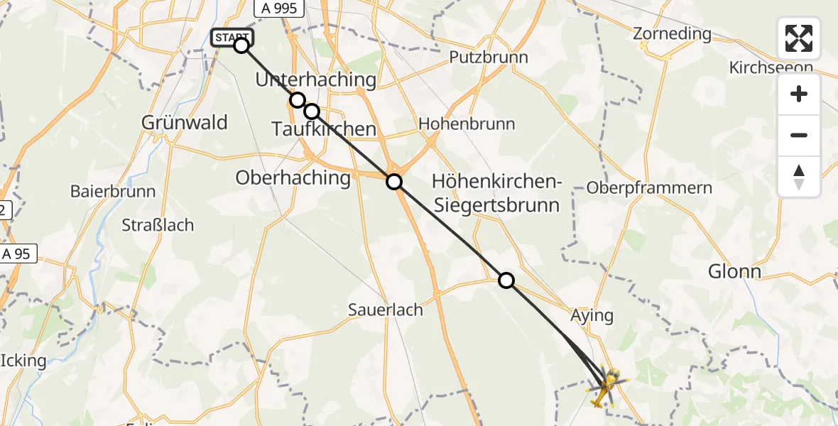 Flugroute Rettungshubschrauber ADAC Air Rescue Center Hubschrauberlandeplatz (Christoph 1) - Aying, 23 April 2026, 10:08