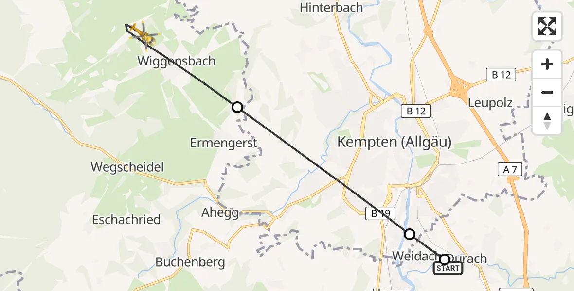Flugroute Rettungshubschrauber Kempten-Durach Flugplatz - Wiggensbach, 23 April 2026, 10:17