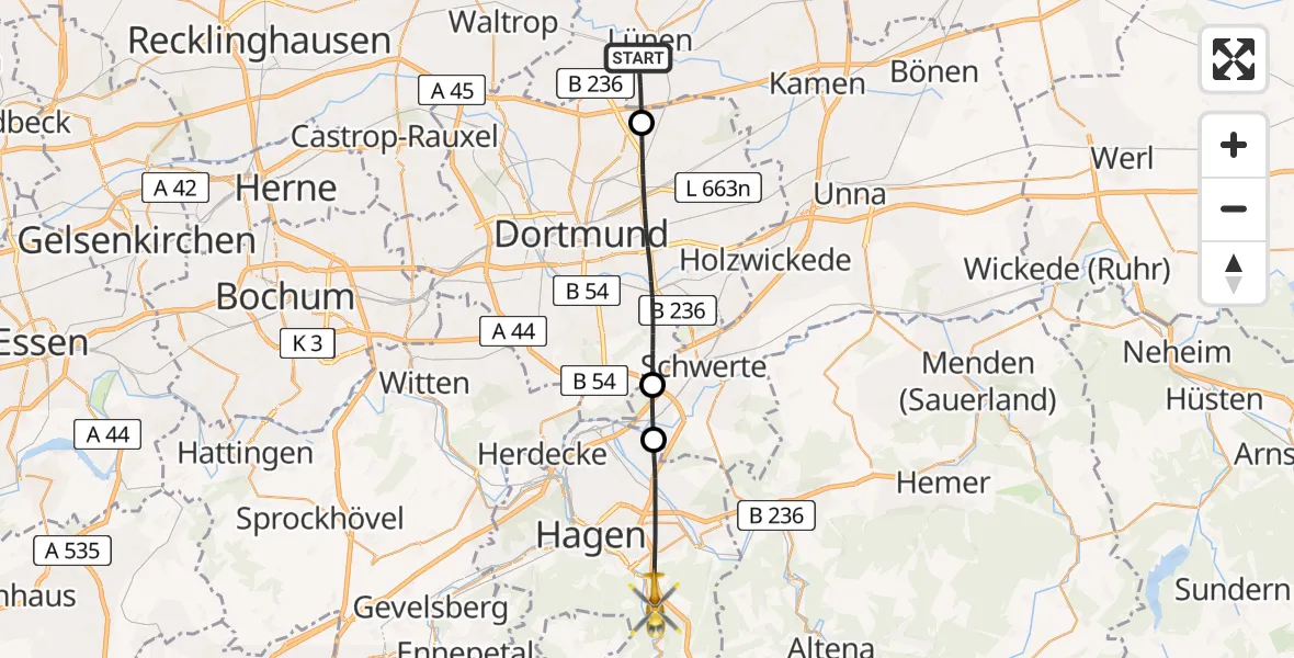 Flugroute Rettungshubschrauber Lünen - Hagen, 23 April 2026, 10:19
