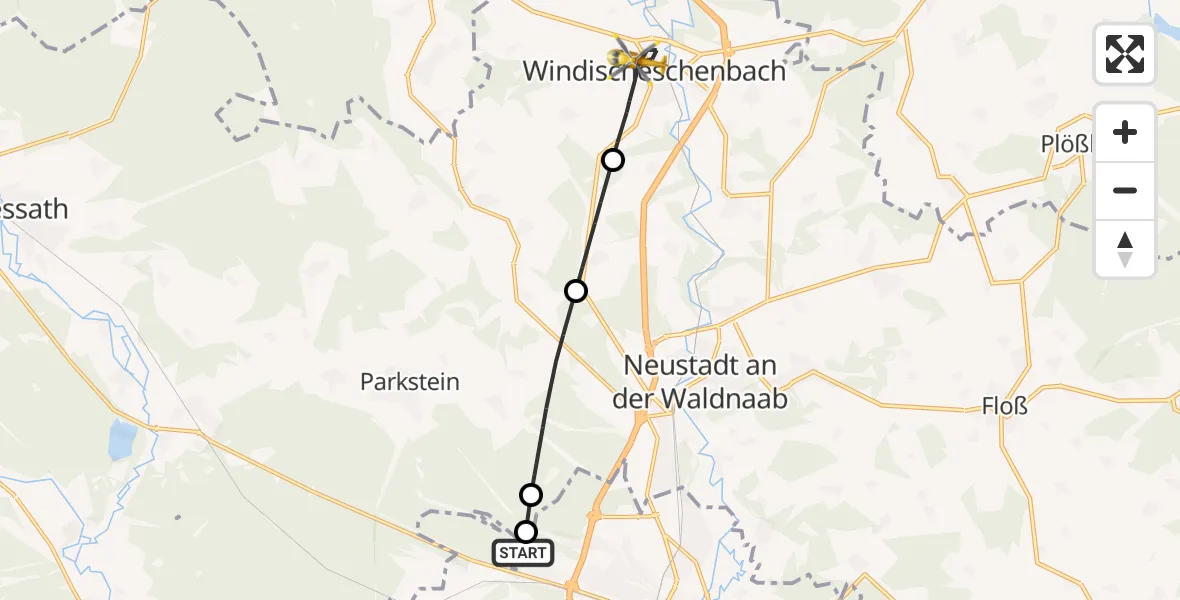 Flugroute Rettungshubschrauber Weiden i.d.OPf. - Windischeschenbach, 23 April 2026, 10:19