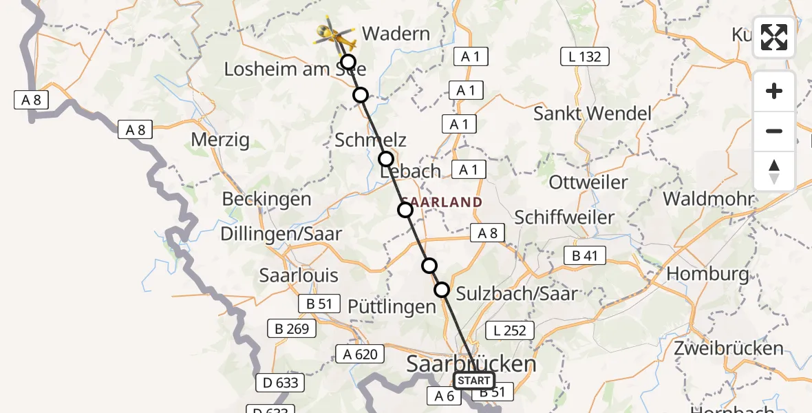 Flugroute Rettungshubschrauber Saarbrücken - Weiskirchen, 23 April 2026, 10:21