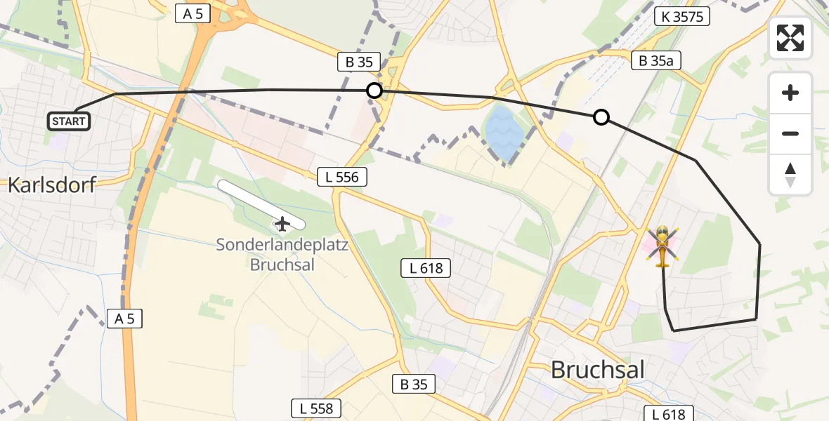 Flugroute Rettungshubschrauber Karlsdorf-Neuthard - Bruchsal, 23 April 2026, 10:23