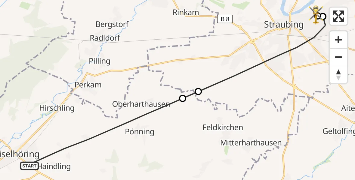Flugroute Rettungshubschrauber Geiselhöring - Sankt Elisabeth Hospital Straubing, 23 April 2026, 10:34