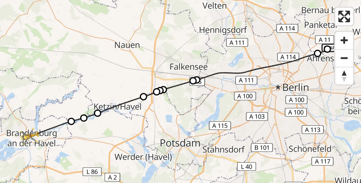 Flugroute Rettungshubschrauber Ahrensfelde Hubschrauberlandeplatz - Brandenburg an der Havel, 23 April 2026, 10:36