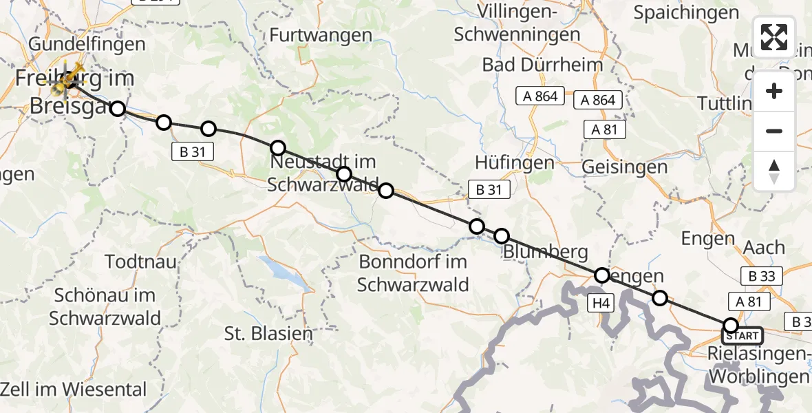 Flugroute Rettungshubschrauber Singen (Hohentwiel) - Freiburg University Hospital Heliport 1, 23 April 2026, 10:36