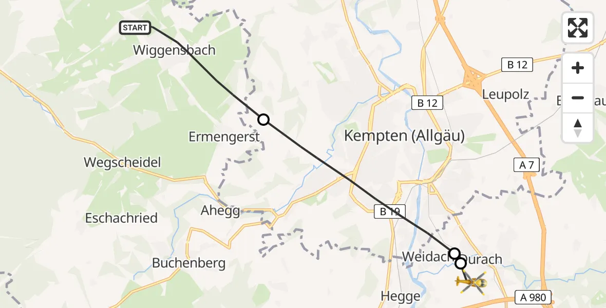 Flugroute Rettungshubschrauber Wiggensbach - Kempten-Durach Flugplatz, 23 April 2026, 10:38