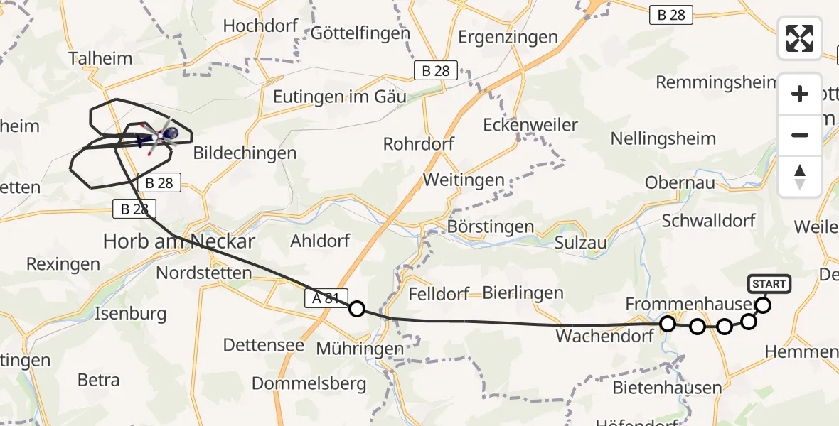 Flugroute Polizeihubschrauber Rottenburg am Neckar - Horb am Neckar, 23 April 2026, 10:41