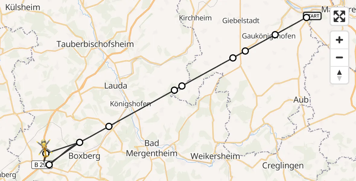 Flugroute Rettungshubschrauber Ochsenfurt Hospital - Ahorn, 23 April 2026, 10:41