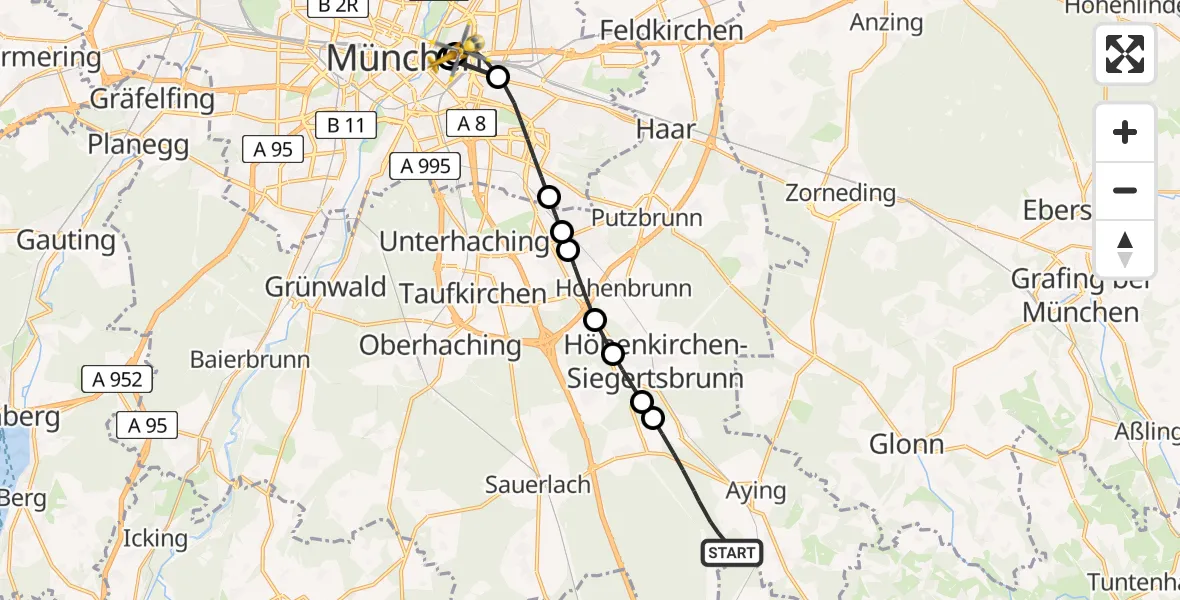 Flugroute Rettungshubschrauber Aying - Rechts der Isar University Hospital Hubschrauberlandeplatz, 23 April 2026, 10:45