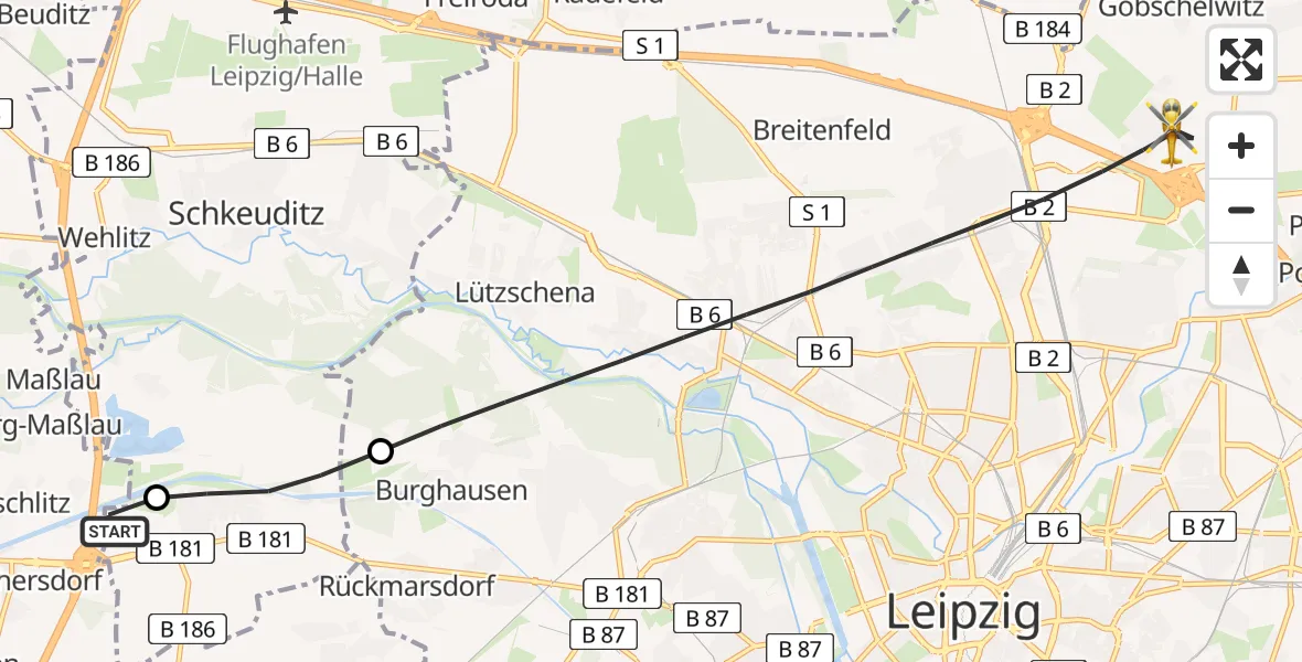 Flugroute Rettungshubschrauber ADAC Air Rescue Station Leipzig/Schkeuditz-Dölzig Hubschrauberlandeplatz (Christoph 61) - Leipzig, 23 April 2026, 10:45