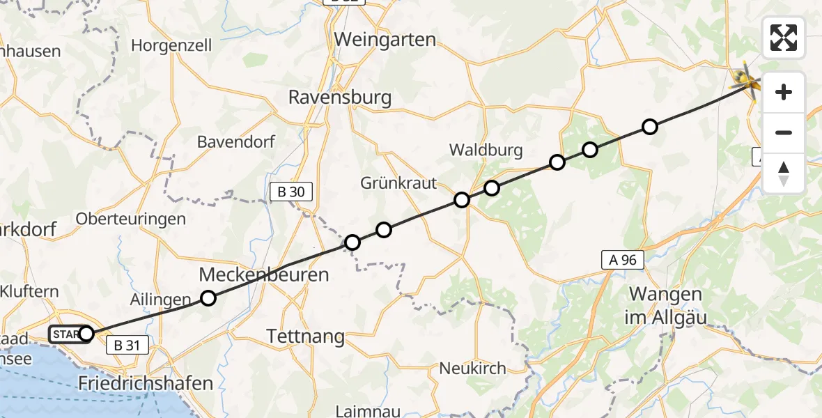 Flugroute Rettungshubschrauber Friedrichshafen Hospital - Kißlegg, 23 April 2026, 10:55