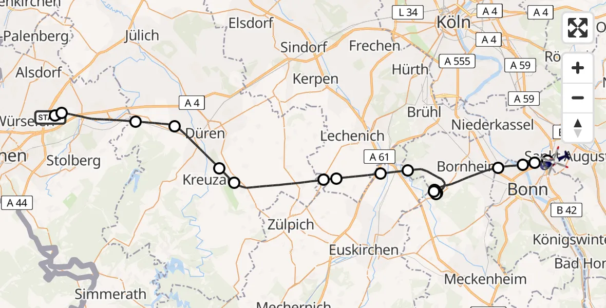Flugroute Polizeihubschrauber Aachen-Merzbrück Flughafen - Sankt Augustin, 23 April 2026, 10:55