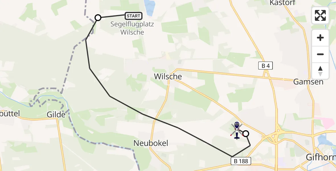 Flugroute Polizeihubschrauber Wilsche Segelflugfeld - Gifhorn Bundespolizei Hubschrauberlandeplatz, 23 April 2026, 10:56