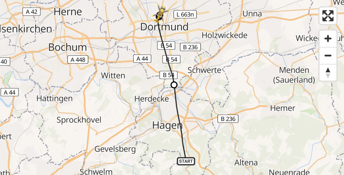 Flugroute Rettungshubschrauber Hagen - Dortmund Hospital North, 23 April 2026, 10:57