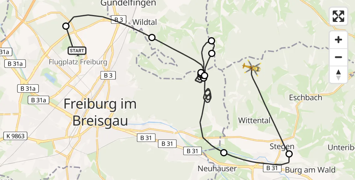 Flugroute Ambulanzhubschrauber Freiburg im Breisgau Flugplatz - Stegen, 23 April 2026, 10:58