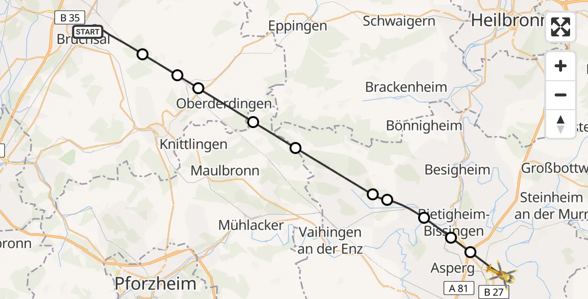 Flugroute Rettungshubschrauber Bruchsal - Ludwigsburg, 23 April 2026, 11:06