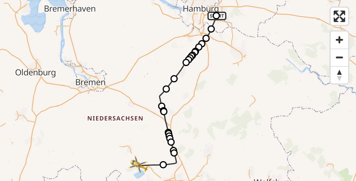 Flugroute Rettungshubschrauber Christoph Hansa ADAC Hubschrauberlandeplatz - Neustadt am Rübenberge, 23 April 2026, 11:06