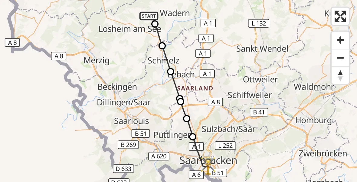 Flugroute Rettungshubschrauber Weiskirchen - Saarbrücken, 23 April 2026, 11:11