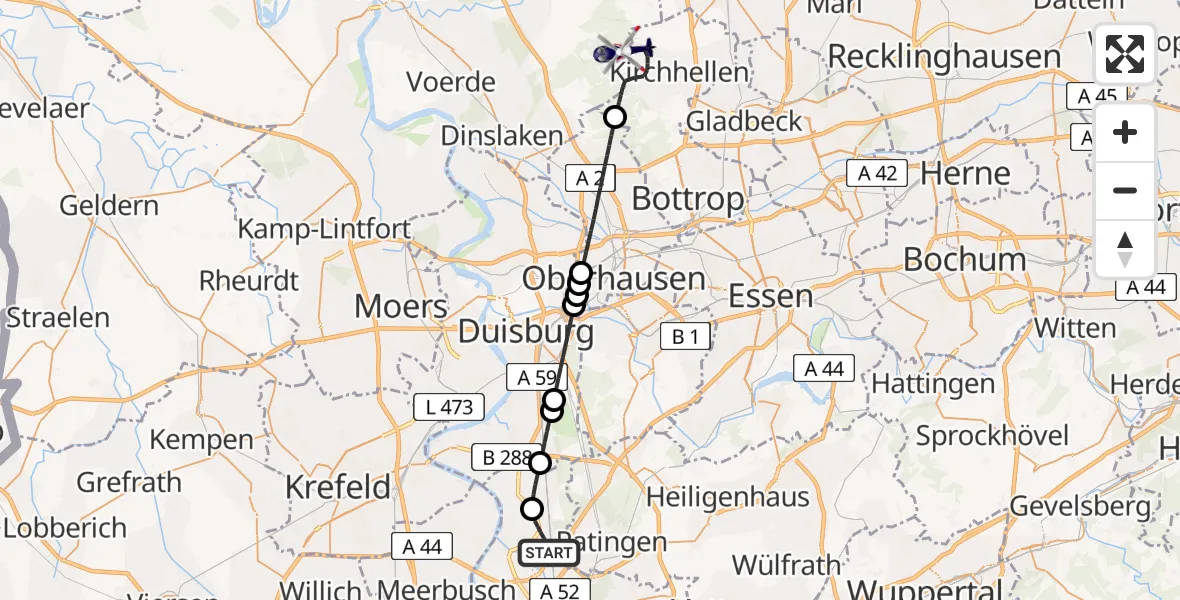 Flugroute Polizeihubschrauber Düsseldorf Flughafen - Dinslaken-Schwarze Heide Flugplatz, 23 April 2026, 11:11