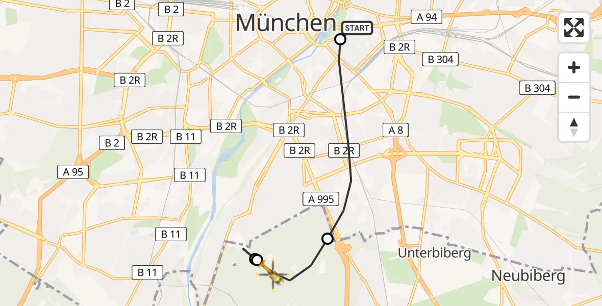 Flugroute Rettungshubschrauber Rechts der Isar University Hospital - Perlacher Forst, 23 April 2026, 11:12